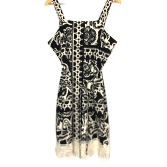 Tahari ASL Border Print Dress Sleeveless Fringe Trim Sheath Mini Black White 12 - Picture 4 of 9